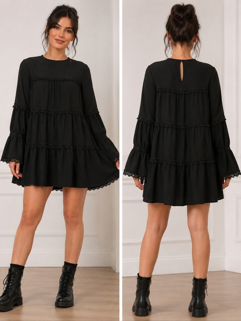 Black Tiered Lace Midi Dress Long Sleeves‎ Small Peasant Bohemian Withchy Goth